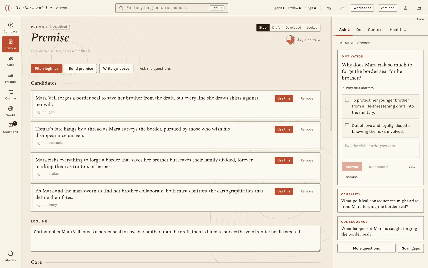 The Premise screen with four candidate loglines, the chosen logline below them, and an editor-style question with two suggested answers in the side panel.